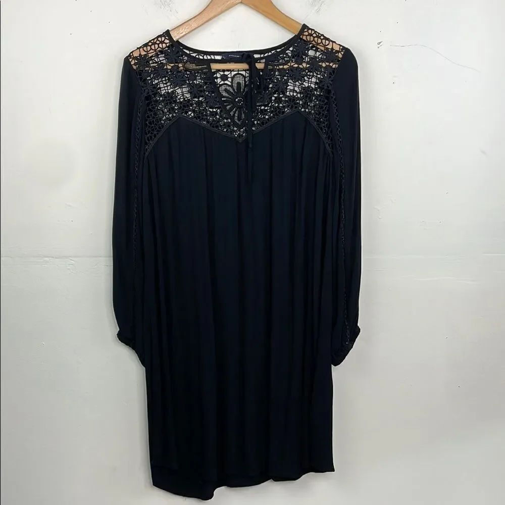 American Eagle Black Gothic Lace Yoke Tunic Dress Boho Romantic Long Sleeve Medi - Picture 2 of 14